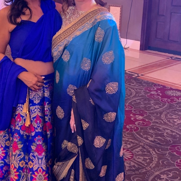 EUC Soch Designer Three Piece Ornate Heavy Blue Ombre Top & Skirt & Saree - Picture 2 of 5